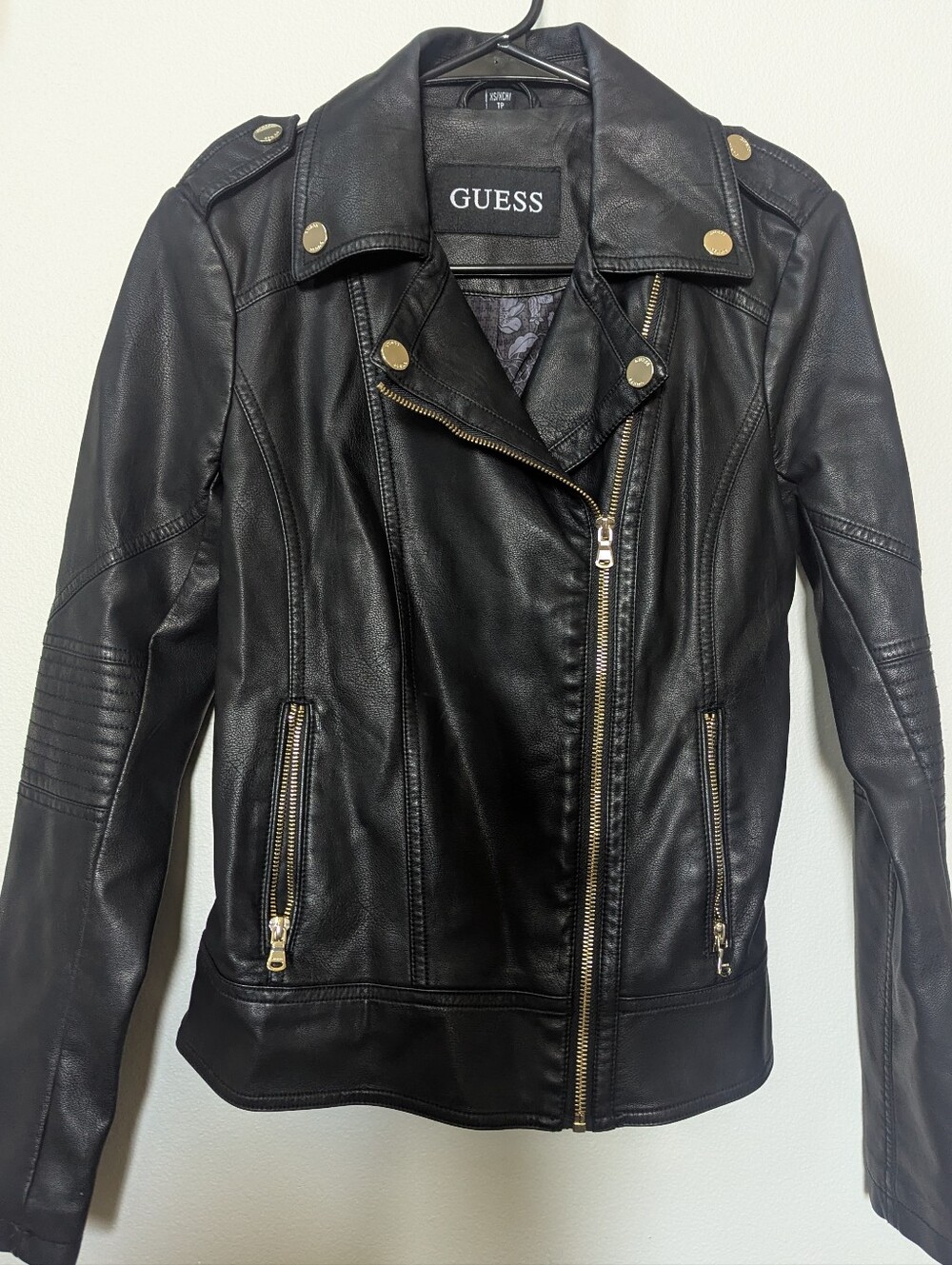 GUESS Black Faux Leather-Asymmetrical Zip Moto Jacket with Gold Hardware
